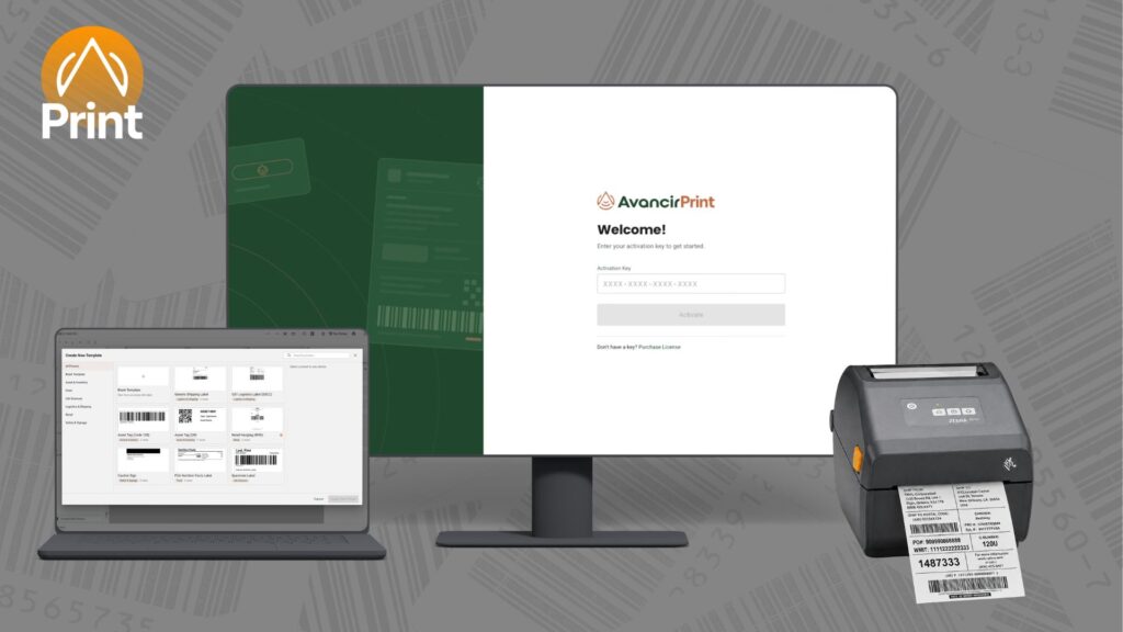 Avancir Print label software on a laptop and monitor beside a Zebra label printer